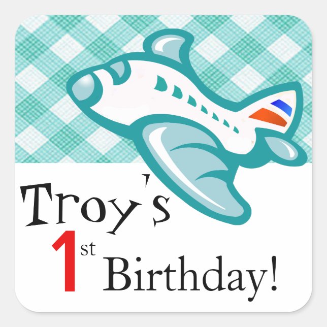 Gingham Aeroplane Birthday Party Favour | mint aqu Square Sticker (Front)