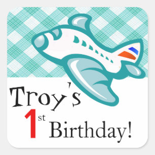 Gingham Aeroplane Birthday Party Favour   mint aqu Square Sticker