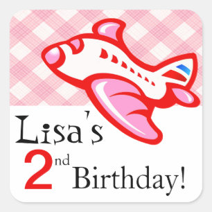 Gingham Aeroplane Birthday Party Favour   pink red Square Sticker