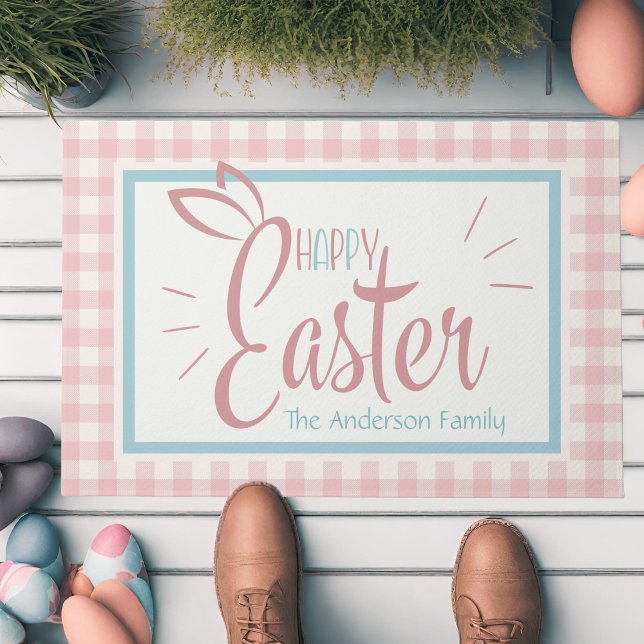 Gingham And Bunny Ears Happy Easter Personalised Doormat (Gingham And Bunny Ears Happy Easter Personalized Doormat)