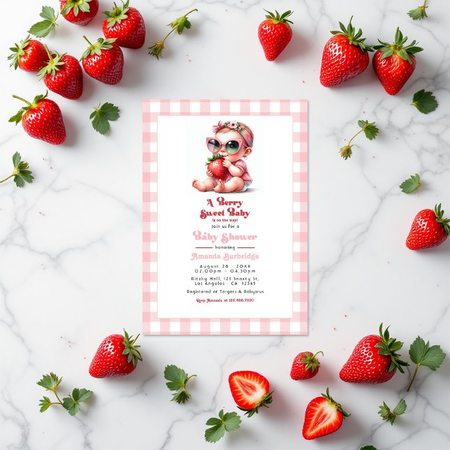 Gingham and Strawberry Berry Sweet Baby Shower Invitation (Gingham and Strawberry Berry Sweet Baby Shower Invitation)
