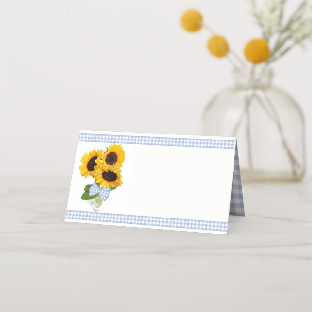 Gingham and Sunflowers Wedding Folded Place Card (Front)