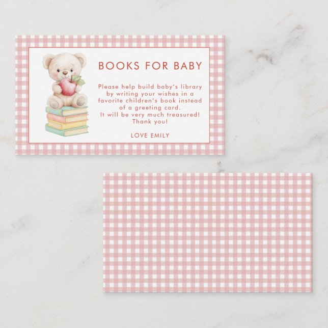 Gingham Apple of Eye Bear Books For Baby Shower Enclosure Card (Front/Back)