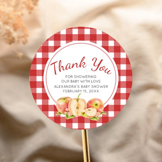 Gingham Apple of Our Eye Baby Shower Classic Round Sticker (Apple Baby Shower Sticker)