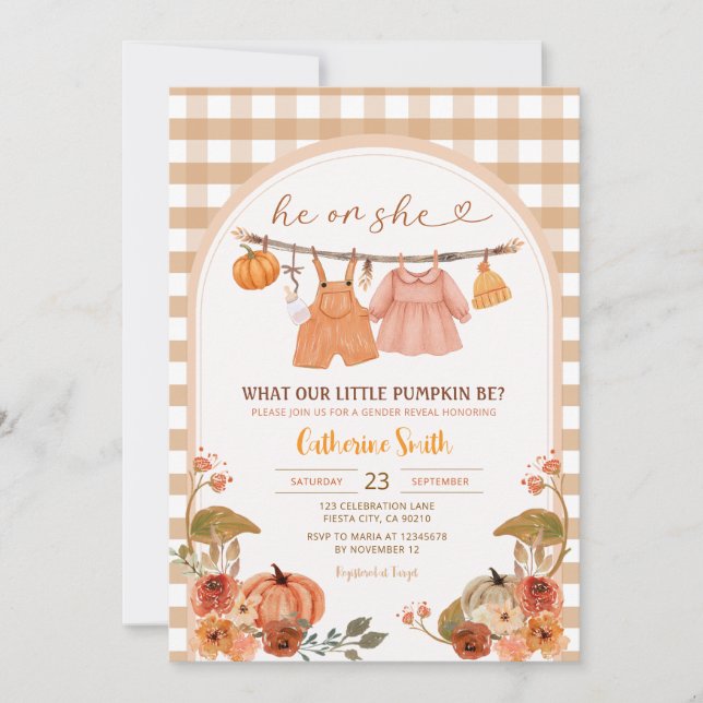 Gingham ArchPumpkin Gender Reveal Fall Autumn Invitation (Front)