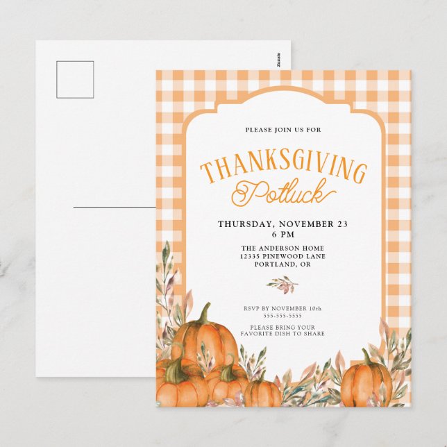 Gingham Autumn Pumpkins Thanksgiving Potluck Holiday Postcard (Front/Back)