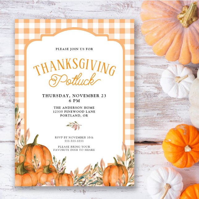 Gingham Autumn Pumpkins Thanksgiving Potluck Invitation (Creator Uploaded)