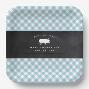 Gingham Baby BBQ Blue Co-ed Baby Shower Paper Plate