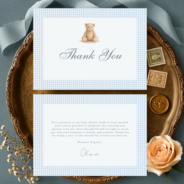 Gingham Baby Bearly Wait Teddy Bear Baby Shower Thank You Card (Creator Uploaded)