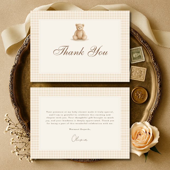 Gingham Baby Bearly Wait Teddy Bear Baby Shower Thank You Card (Creator Uploaded)