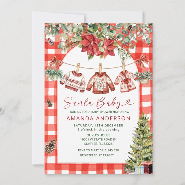Gingham Baby Christmas Clotheslin Baby Shower Invitation (Front)