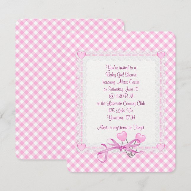 Gingham Baby Girl Invitation (Front/Back)