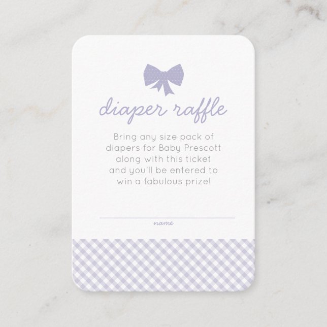 Gingham baby shower purple diaper raffle ticket enclosure card (Front)