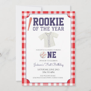 Gingham Baseball 1st Birthday Invitation