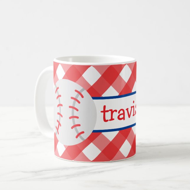 Gingham Baseball Personalised Mug (Front Left)