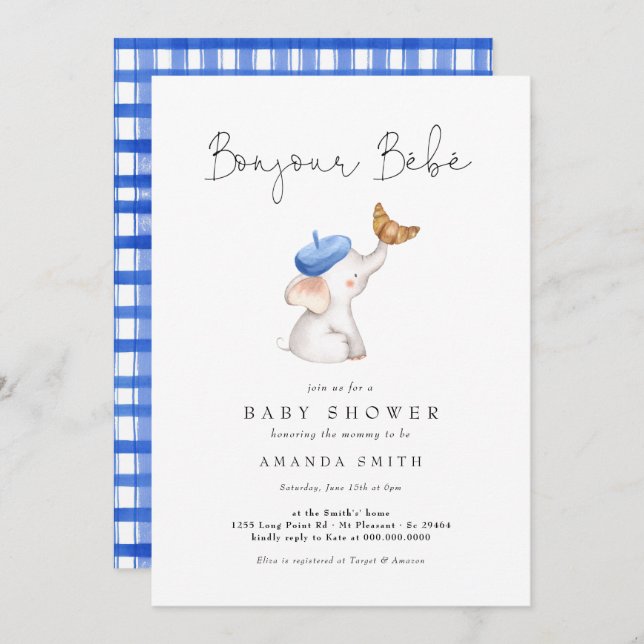 Gingham Bebe French Elephant Baby Boy Shower Invitation (Front/Back)