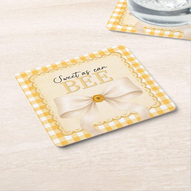 Gingham Bee Baby Shower Decor Paper Coaster (Angled)