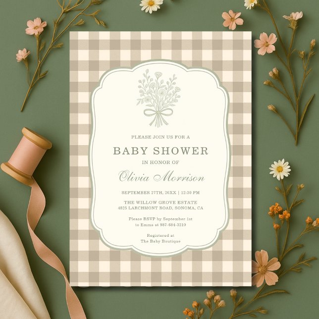 Gingham Beige Ivory Floral Bow Baby Shower Invitation (Creator Uploaded)