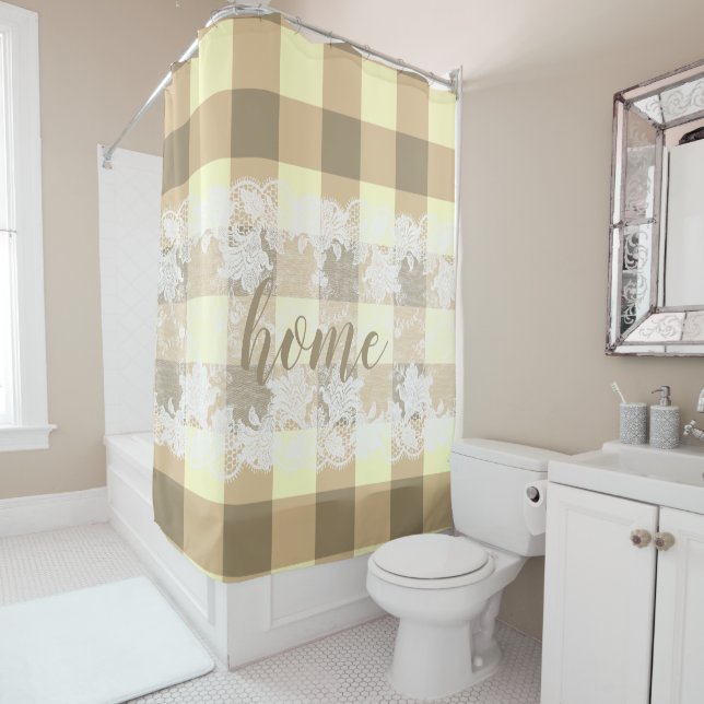 Gingham beige pattern white lace home script shower curtain (In Situ)