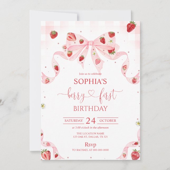 Gingham Berry First Birthday 1st Birthday Invitation (Front)