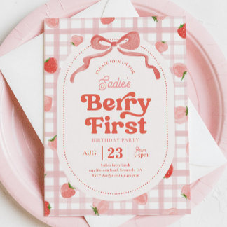 Gingham Berry First Birthday Invitation