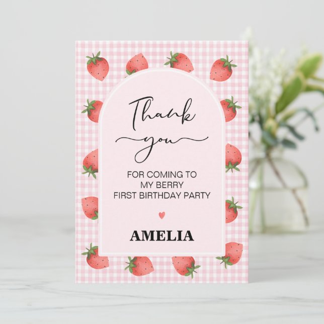 Gingham Berry Sweet 1st Birthday Thank You Card (Standing Front)