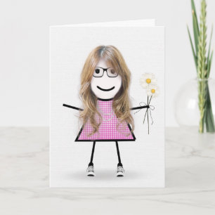 Gingham Birthday Stick Girl With Daisies Card