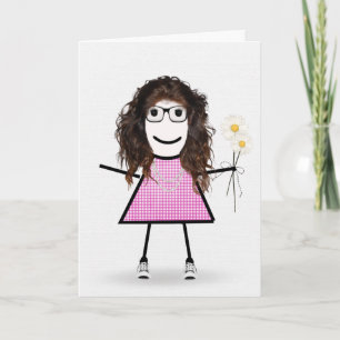Gingham Birthday Stick Girl With Daisies Card