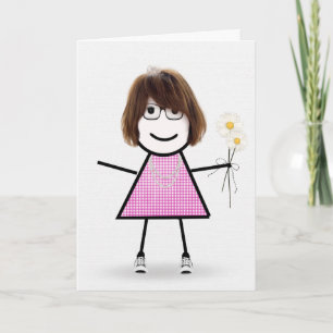 Gingham Birthday Stick Girl With Daisies  Card