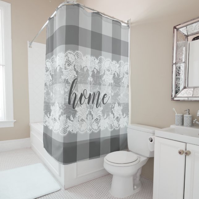 Gingham black white pattern white lace home script shower curtain (In Situ)