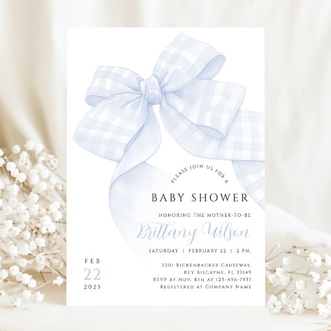 Gingham Blue Bow Baby Shower Invitation (Creator Uploaded)