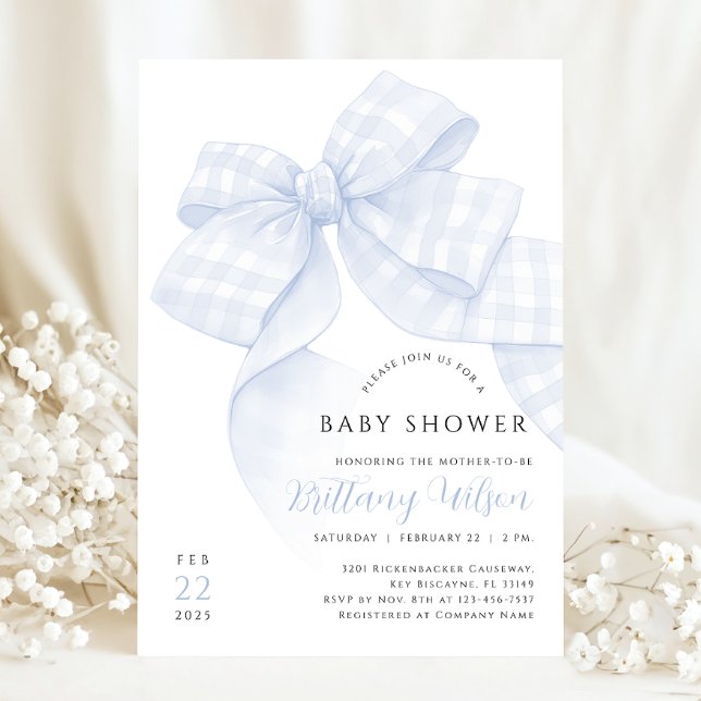 Gingham Blue Bow Baby Shower Invitation (Creator Uploaded)