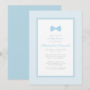 Gingham blue bow tie baby shower invitation