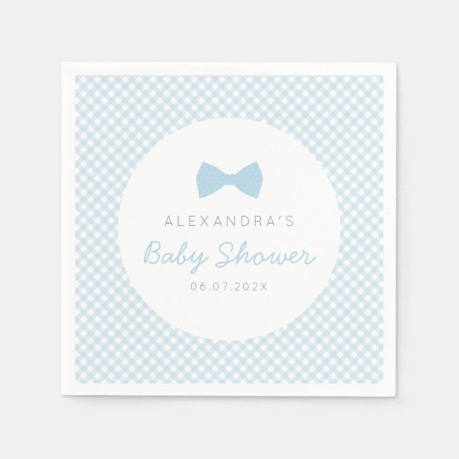 Gingham blue bow tie baby shower napkin (Front)