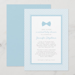 Gingham blue bow tie virtual baby shower invitation