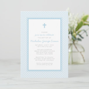 Gingham blue boy baptism invitation