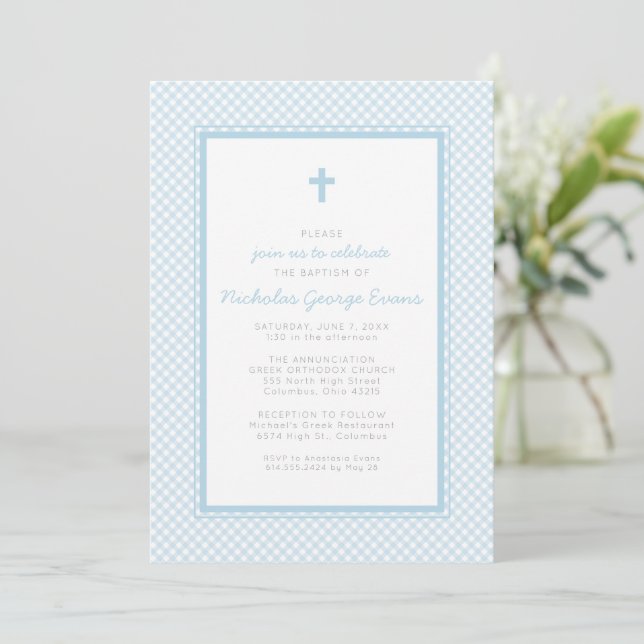 Gingham blue boy baptism invitation (Standing Front)