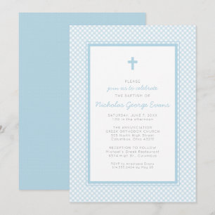 Gingham blue boy baptism invitation