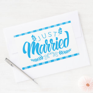 Gingham Blue Plaid Country Just Married Wedding Rectangular Sticker
