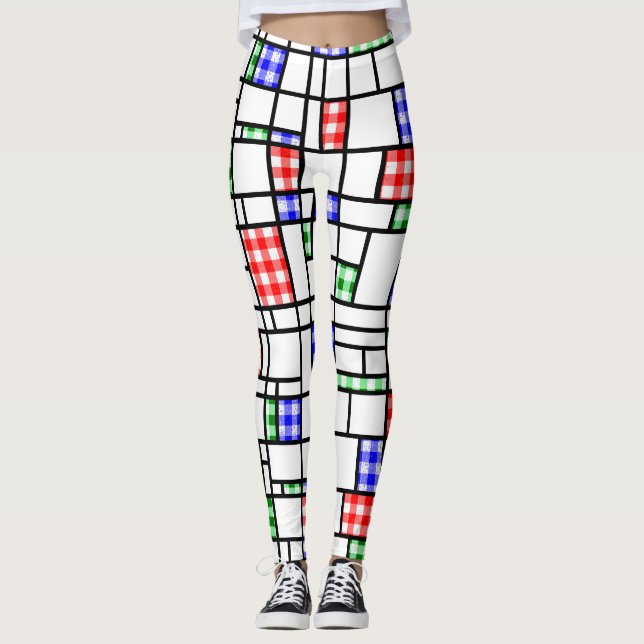 Gingham Blue Red Green Modern Art Grid Legging (Front)