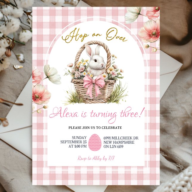 Gingham Boho Pink Bow Floral Easter Bunny Birthday Invitation (Creator Uploaded)