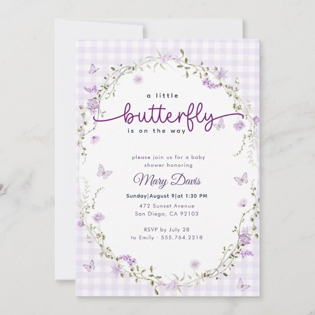 Gingham Boho Spring Lavender Butterfly Baby Shower Invitation (Front)