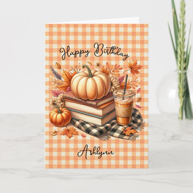 Gingham Books and Orange Pumpkin Spice Birthday  Card (Front)
