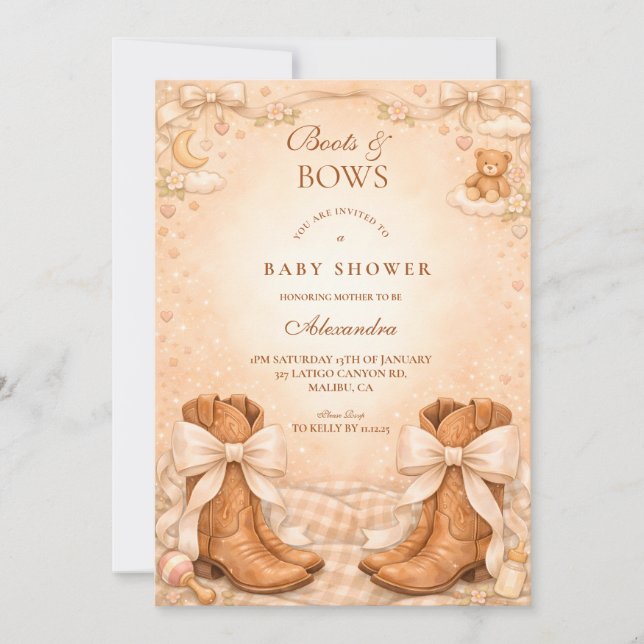 Gingham Boots And Bows Baby Shower Invitation (Front)