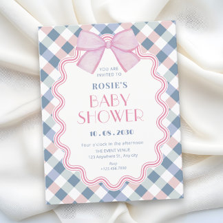 Gingham bow baby shower invitation