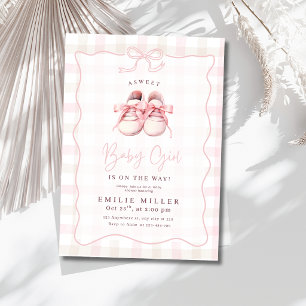 Gingham Bow Baby Shower Pink Baby Girl Sneakers Invitation