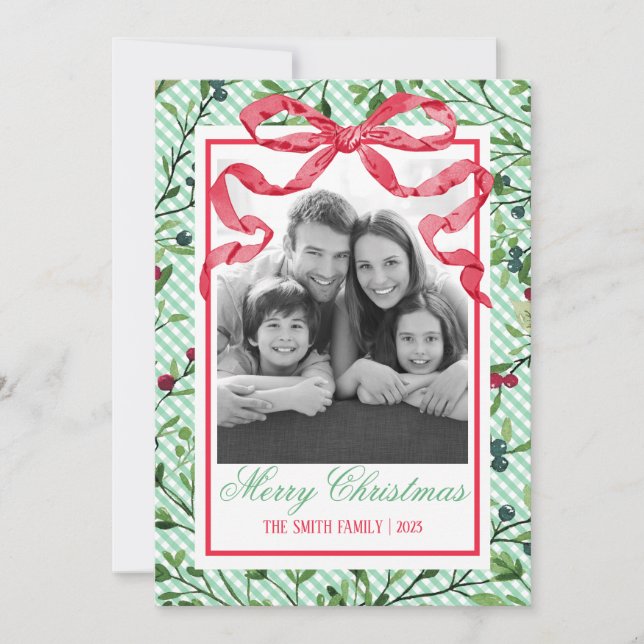Gingham Bow Botanical Christmas Card (Front)