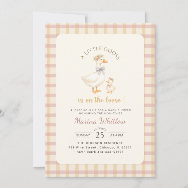 Gingham Bow Duck Little Goose Baby Shower Invitation (Front)