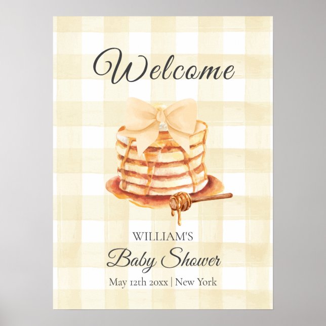 Gingham Bow Pancake Brunch Baby Shower Welcome Poster (Front)