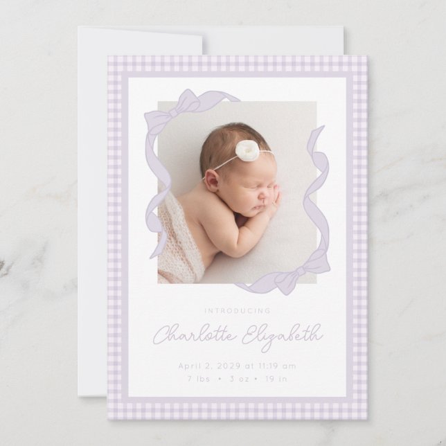 Gingham Bow Photo Birth Announcement (Front)